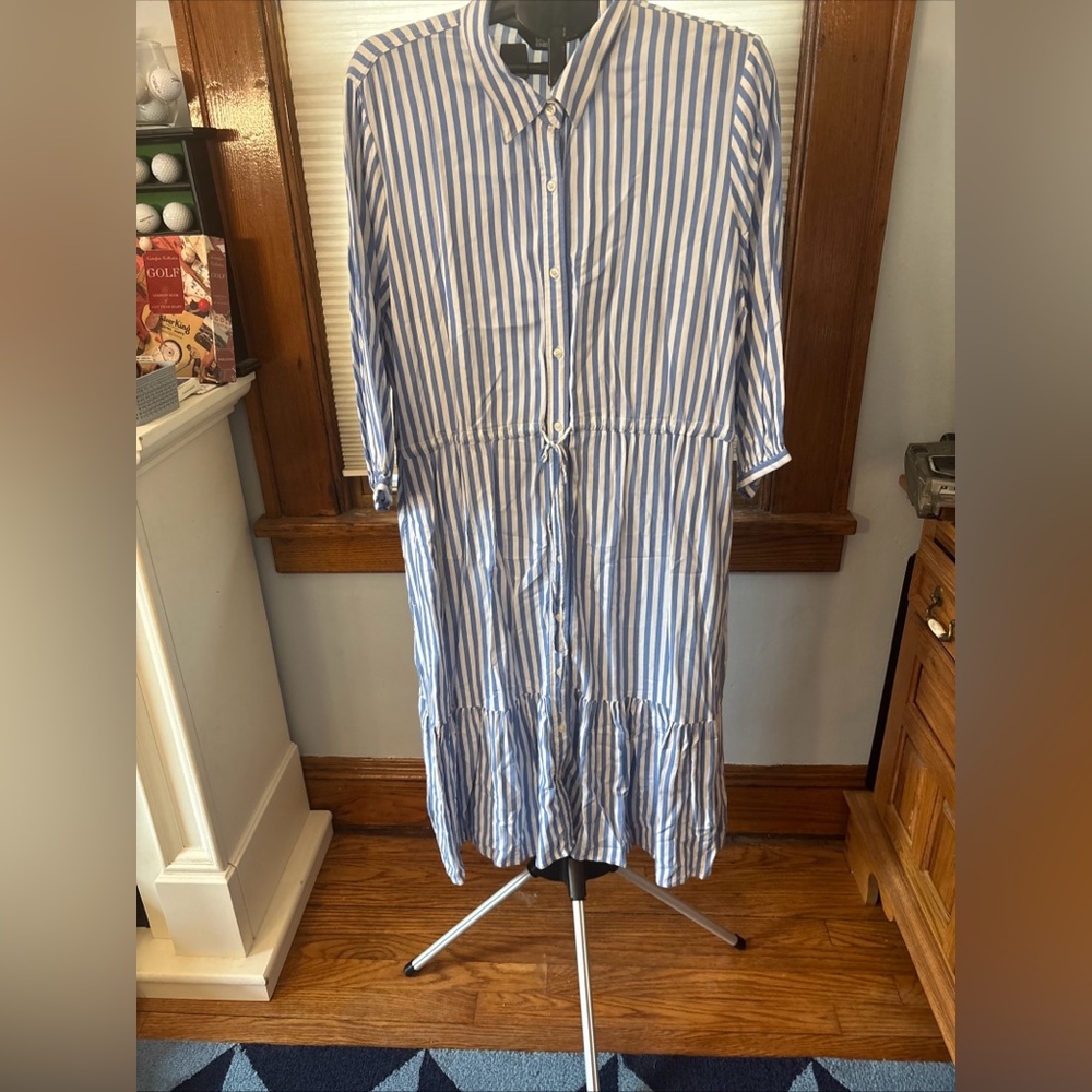 Lands' End Blue and White Striped Midi Shirt Dress